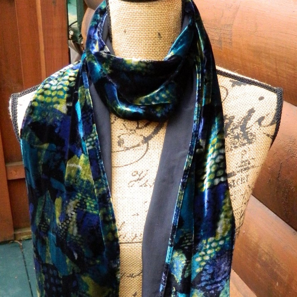 CHICO'S Black Jewel Tones Velvet Feel Scarf 9” x 74”